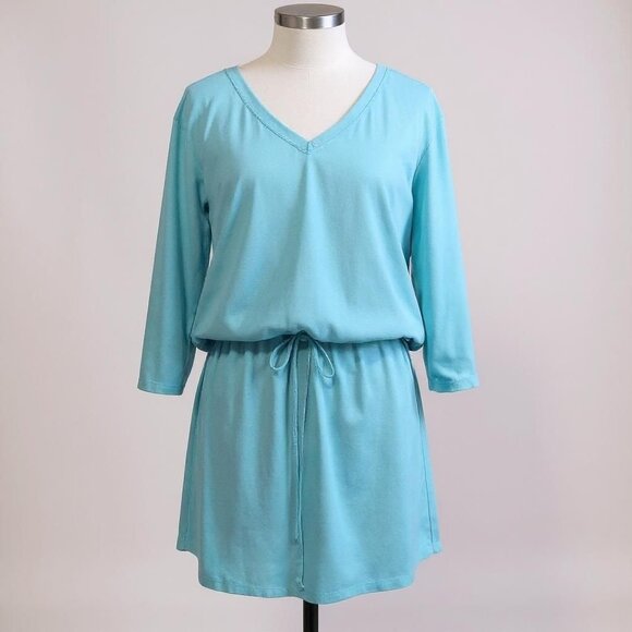 Soft Surroundings Aqua Blue Mini Dress Size L Drawstring Waist 3/4 Sleeve Womens - Picture 1 of 10